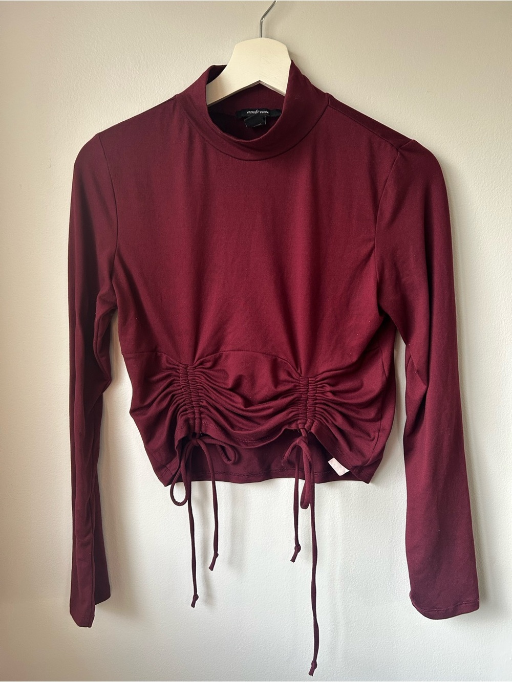 Ambiance Burgundy Mock Neck Ruched Drawstring Top